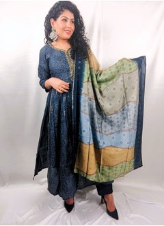 PRIYA’S PANACHE PRIYA'S PANACHE Nyra Cut Blue Muslin Kurta Pant Dupatta Set - Designer Ethnic Indian Partywear for Women.  - Image 1