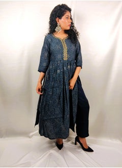 PRIYA’S PANACHE PRIYA'S PANACHE Nyra Cut Blue Muslin Kurta Pant Dupatta Set - Designer Ethnic Indian Partywear for Women.  - Image 4