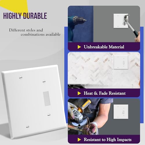 ENERLITES Combination Toggle Switch/Blank Device Wall Plate, Standard Size, 2-Gang 4.5" x 4.57” Light Switch Cover, Polycarbonate Thermoplastic, UL Listed, 880111-W, White - Image 5