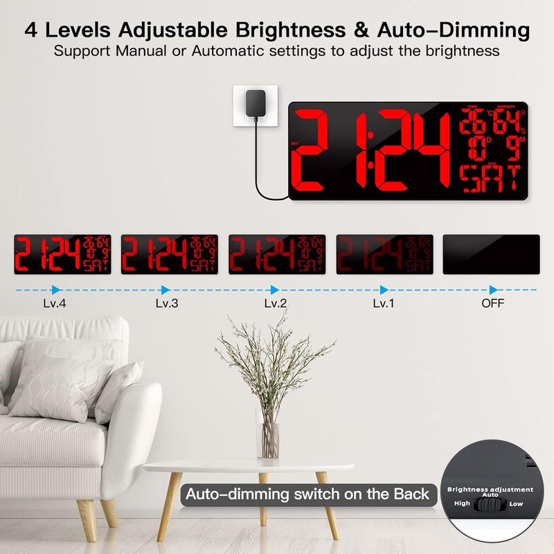 XREXS 18 Inch Extra Large Digital Wall Clock with Remote Control, LED Large Wall Clocks, Count Up/Down Timer, Auto-Dimming Alarm Clock with Day/Date/Temp/Humidity/DST for Living Room, Gym, Classroom - Image 3