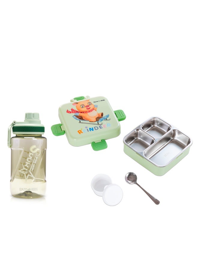 Nova Kids Stainless Steel 3 Compartment Bento Lunch Box w/ Water Bottle, Spoon and Sauce Box - Reindeer Green - Image 1