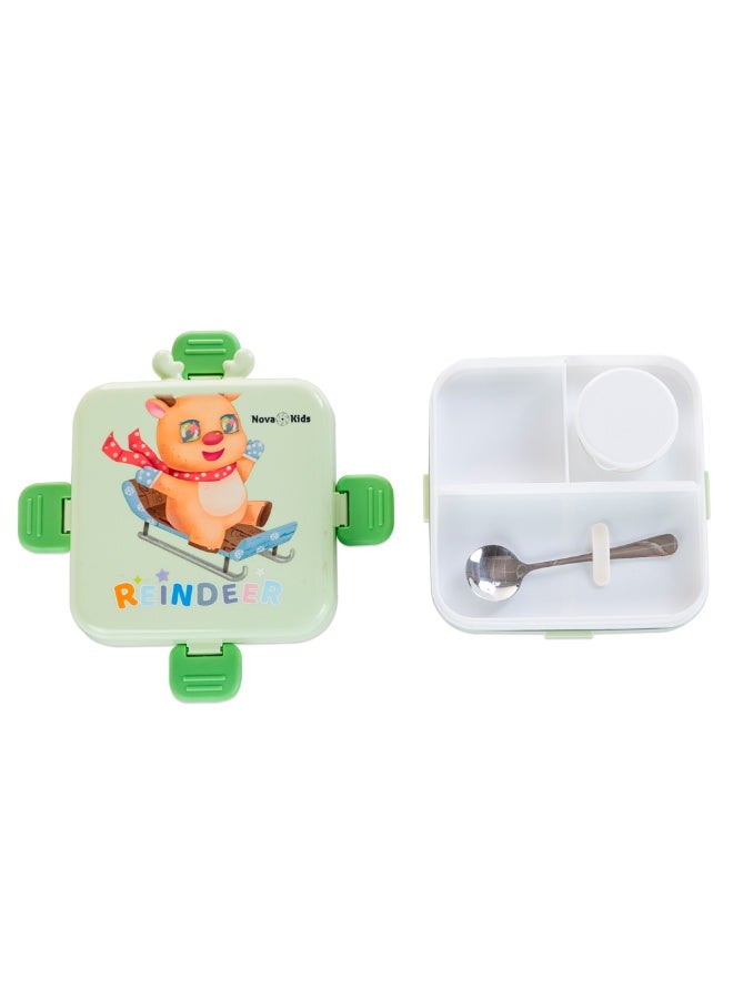 Nova Kids Stainless Steel 3 Compartment Bento Lunch Box w/ Water Bottle, Spoon and Sauce Box - Reindeer Green - Image 5