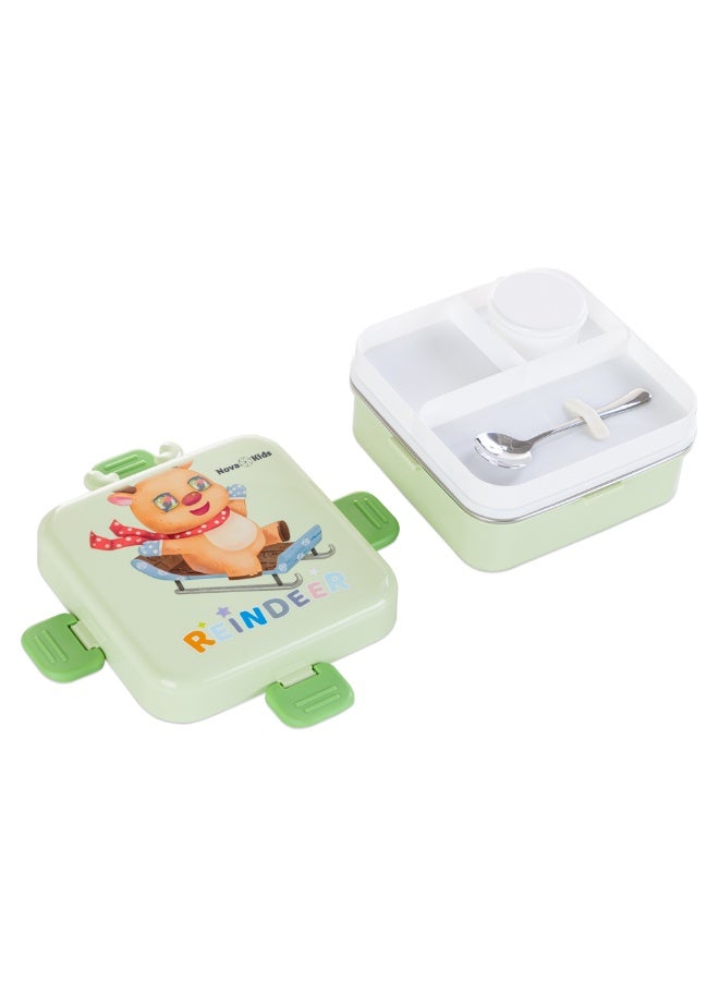 Nova Kids Stainless Steel 3 Compartment Bento Lunch Box w/ Water Bottle, Spoon and Sauce Box - Reindeer Green - Image 4
