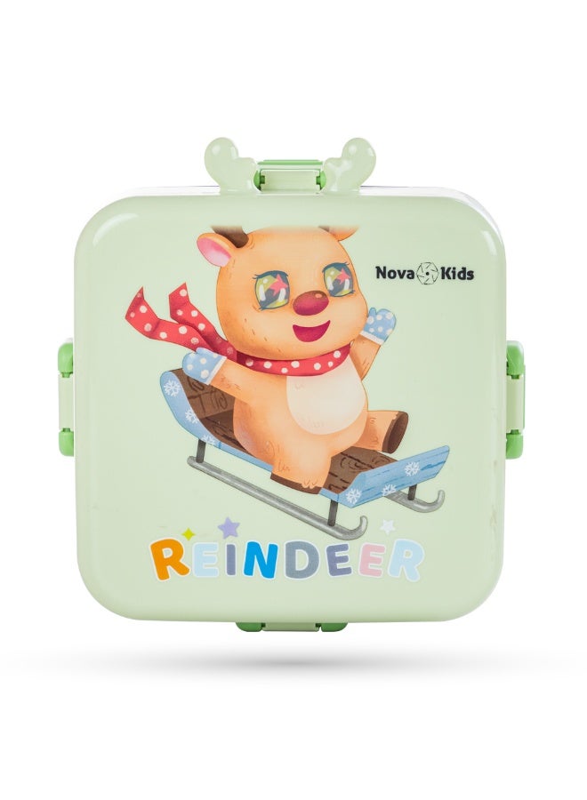 Nova Kids Stainless Steel 3 Compartment Bento Lunch Box w/ Water Bottle, Spoon and Sauce Box - Reindeer Green - Image 2