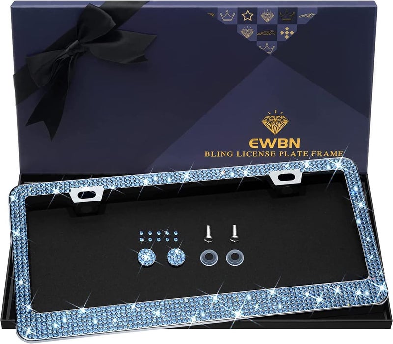EWBN Bling Rhinestone License Plate Frame for Women, Sparkly License Plate Frames| Stainless Steel Frames & Over 1200 pcs Finest 14 Facets Glass Crystals Premium Diamond(Light Blue) - Image 1
