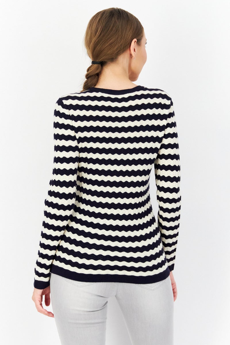 Zero Women Round Neck Long Sleeve Stripe Sweater, Navy Blue - Image 4