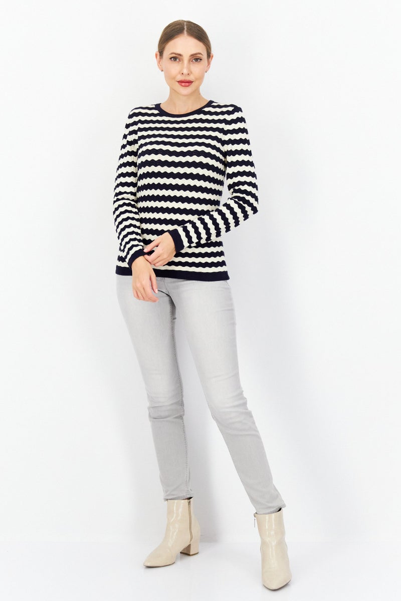 Zero Women Round Neck Long Sleeve Stripe Sweater, Navy Blue - Image 3