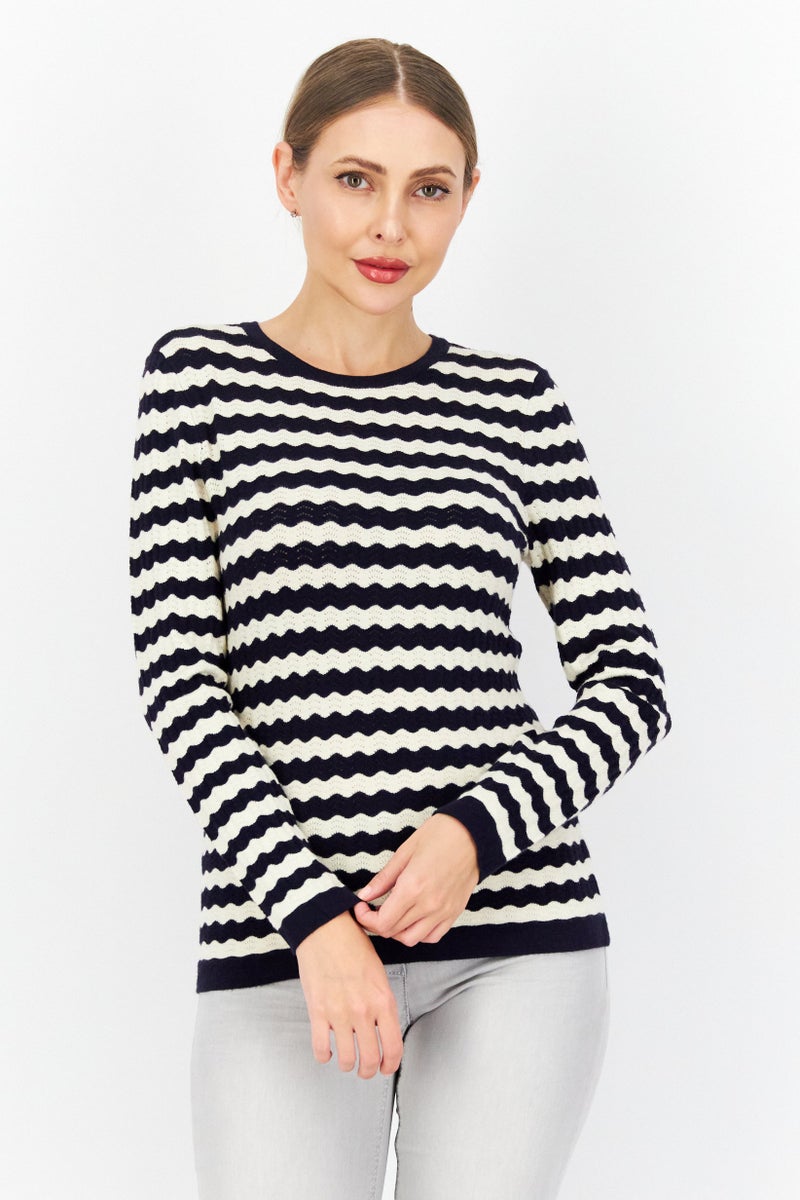 Zero Women Round Neck Long Sleeve Stripe Sweater, Navy Blue - Image 1
