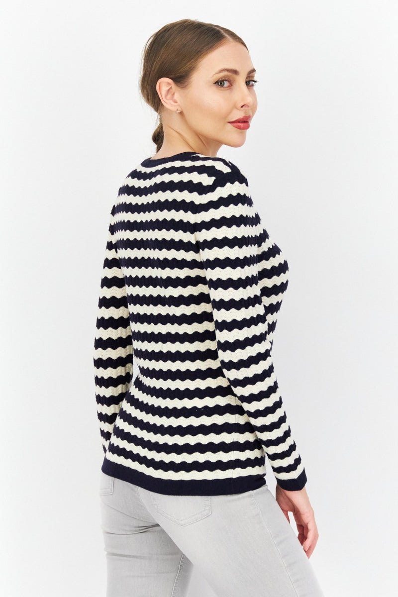 Zero Women Round Neck Long Sleeve Stripe Sweater, Navy Blue - Image 2