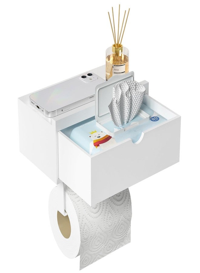Domax Standard 8.46" Bamboo Toilet Paper Holder with Shelf and Storage Drawer - Wall Mount or Adhesive Bathroom Organizer for Tampons, Cotton Swabs, Wipes or More, White - Image 1