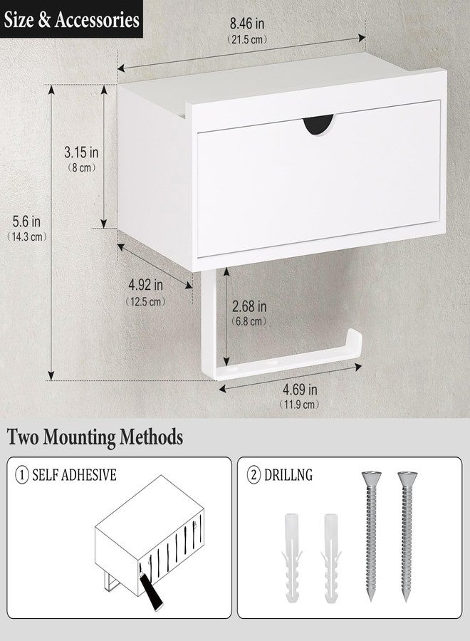 Domax Standard 8.46" Bamboo Toilet Paper Holder with Shelf and Storage Drawer - Wall Mount or Adhesive Bathroom Organizer for Tampons, Cotton Swabs, Wipes or More, White - Image 5