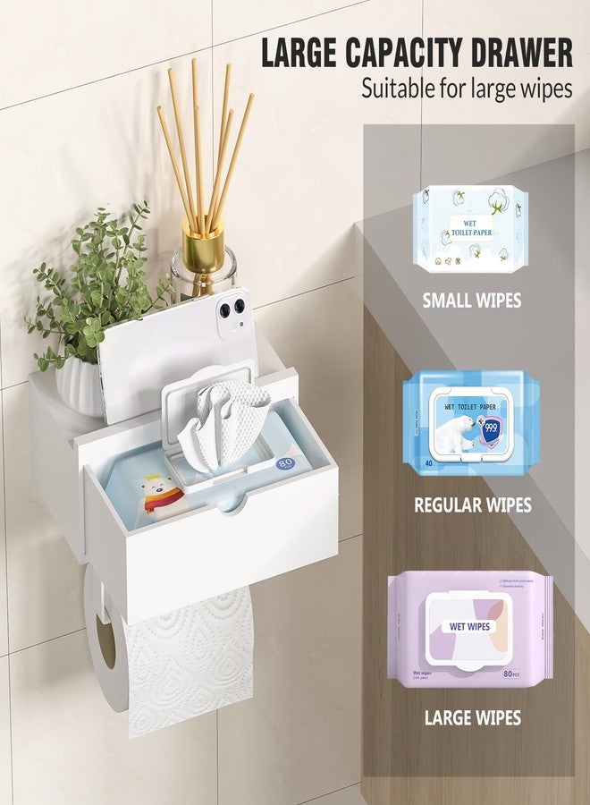 Domax Standard 8.46" Bamboo Toilet Paper Holder with Shelf and Storage Drawer - Wall Mount or Adhesive Bathroom Organizer for Tampons, Cotton Swabs, Wipes or More, White - Image 2
