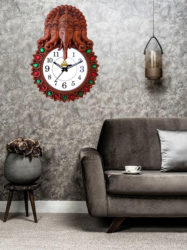 E - Ezra E Ezra Premium Plastic Designer Stones 5 Face Ganesha Wall Clock for Home and Office Decor Wall Clock for Living Room Wall Clock for Bedroom 35 Cm Wood Brown - Image 3