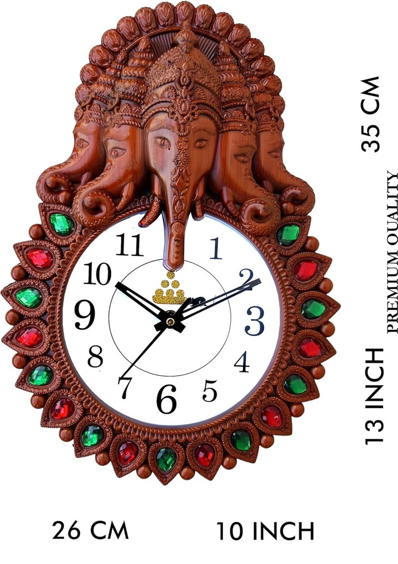 E - Ezra E Ezra Premium Plastic Designer Stones 5 Face Ganesha Wall Clock for Home and Office Decor Wall Clock for Living Room Wall Clock for Bedroom 35 Cm Wood Brown - Image 4