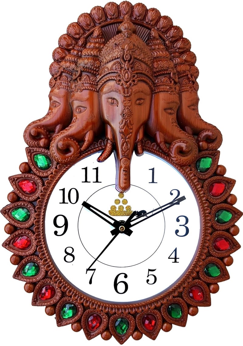 E - Ezra E Ezra Premium Plastic Designer Stones 5 Face Ganesha Wall Clock for Home and Office Decor Wall Clock for Living Room Wall Clock for Bedroom 35 Cm Wood Brown - Image 1
