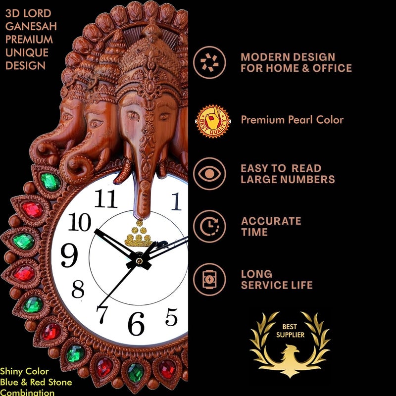E - Ezra E Ezra Premium Plastic Designer Stones 5 Face Ganesha Wall Clock for Home and Office Decor Wall Clock for Living Room Wall Clock for Bedroom 35 Cm Wood Brown - Image 2