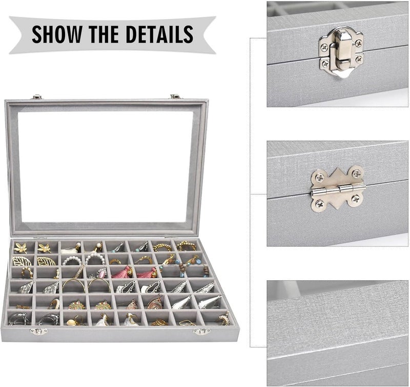 Siveit Jewelry Tray Organizer Box 48 Grid Jewelry Display Organizer Box with Transparent Lid Rings Earrings Necklaces Pendants Display Box Suitable for Women and Girls (48 Grid, Silver Grey) - Image 4