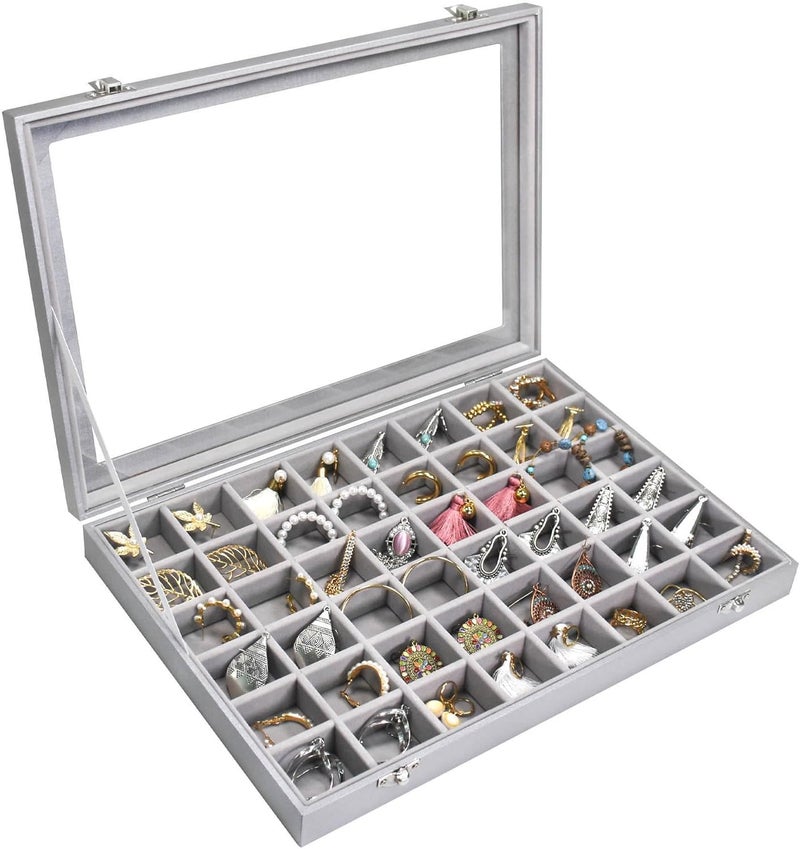 Siveit Jewelry Tray Organizer Box 48 Grid Jewelry Display Organizer Box with Transparent Lid Rings Earrings Necklaces Pendants Display Box Suitable for Women and Girls (48 Grid, Silver Grey) - Image 1