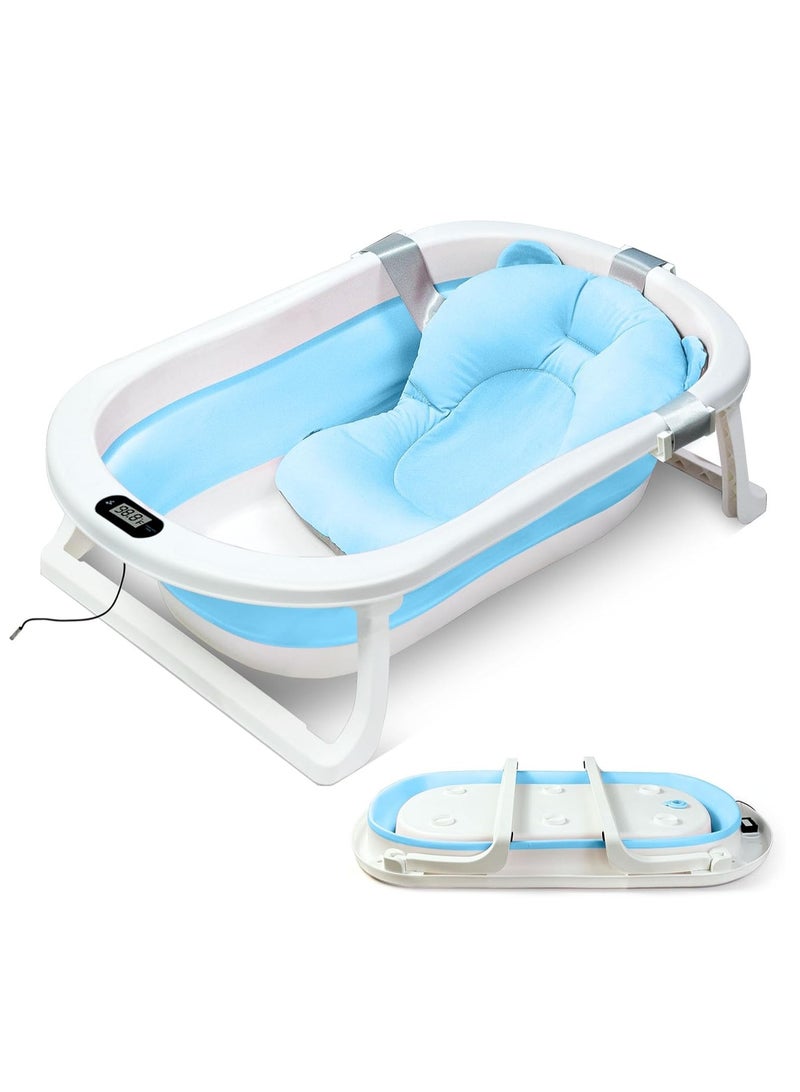 لو.بيبي.في  حوض استحمام قابل للطي للأطفال مع وسادة حصيرة الاستحمام ومقياس حرارة، حوض استحمام محمول للأطفال مع فتحة تصريف، حوض استحمام مع ساق دعم غير قابلة للانزلاق للأولاد والبنات (أزرق) - Image 1