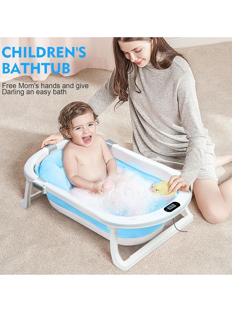 لو.بيبي.في  حوض استحمام قابل للطي للأطفال مع وسادة حصيرة الاستحمام ومقياس حرارة، حوض استحمام محمول للأطفال مع فتحة تصريف، حوض استحمام مع ساق دعم غير قابلة للانزلاق للأولاد والبنات (أزرق) - Image 2