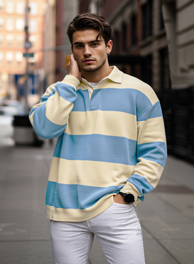 trendyol Blue Unisex Oversize/Wide Cut Striped Polo Neck Sweatshirt - Image 1