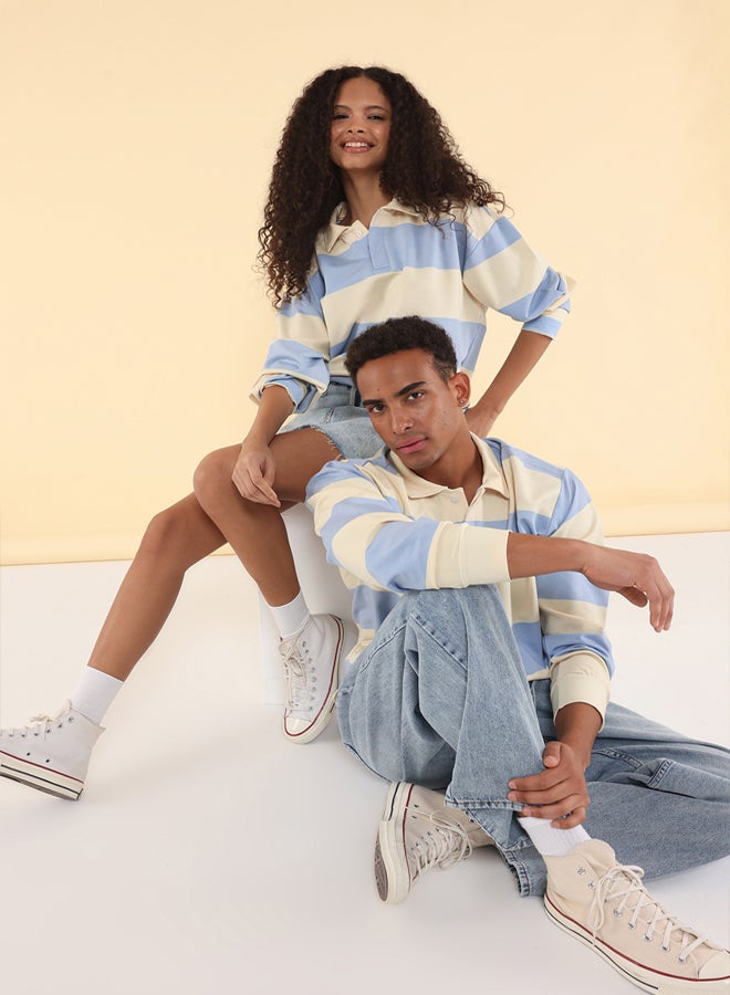 trendyol Blue Unisex Oversize/Wide Cut Striped Polo Neck Sweatshirt - Image 2