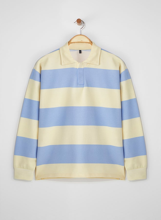 trendyol Blue Unisex Oversize/Wide Cut Striped Polo Neck Sweatshirt - Image 4