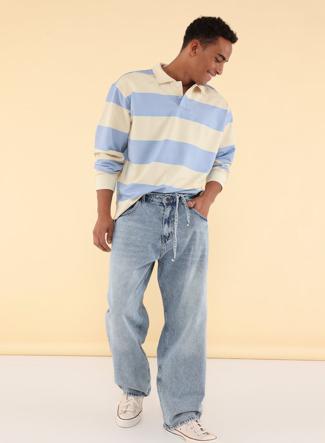 trendyol Blue Unisex Oversize/Wide Cut Striped Polo Neck Sweatshirt - Image 3