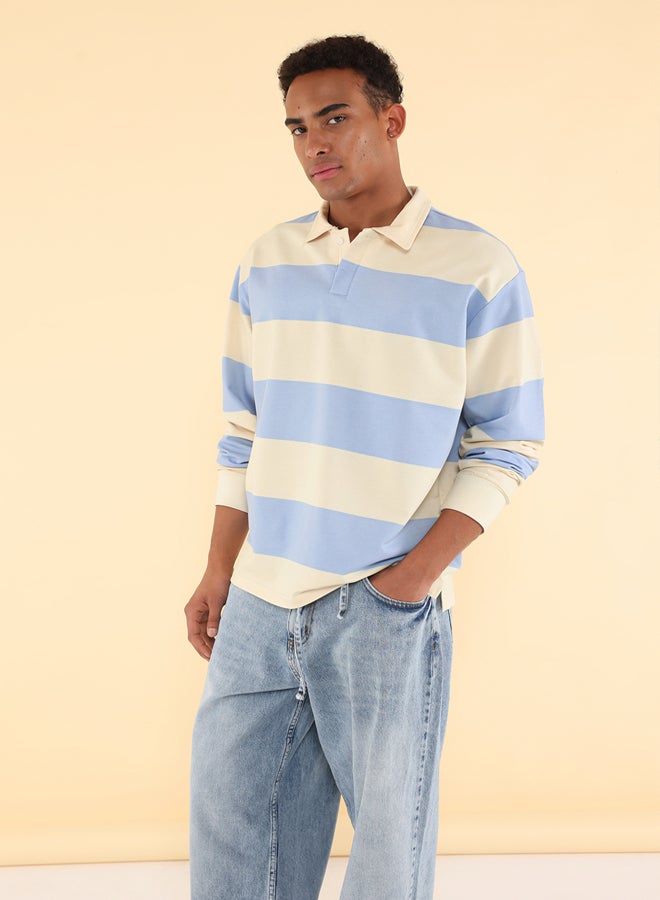 trendyol Blue Unisex Oversize/Wide Cut Striped Polo Neck Sweatshirt - Image 5