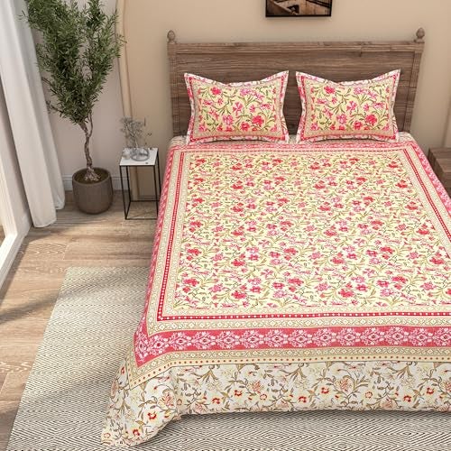 EasyGoods® Pure Cotton Ethnic Jaipuri Printed Double Bedsheet with 2 Pillow Covers | Soft & Breathable 240 TC Fabric | Traditional Rajasthani Design for Elegant Home Decor (Lemon & Magenta) - Image 2