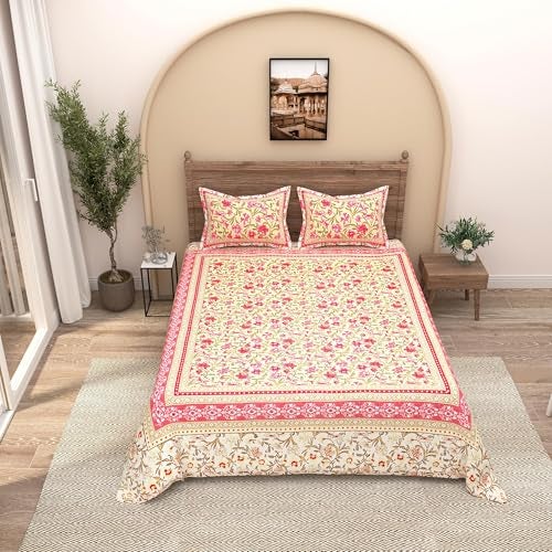 EasyGoods® Pure Cotton Ethnic Jaipuri Printed Double Bedsheet with 2 Pillow Covers | Soft & Breathable 240 TC Fabric | Traditional Rajasthani Design for Elegant Home Decor (Lemon & Magenta) - Image 1