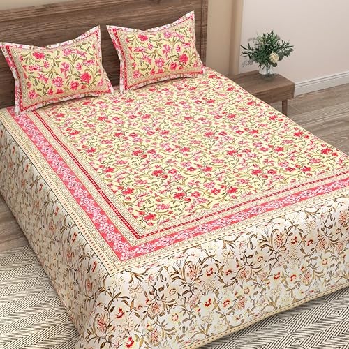 EasyGoods® Pure Cotton Ethnic Jaipuri Printed Double Bedsheet with 2 Pillow Covers | Soft & Breathable 240 TC Fabric | Traditional Rajasthani Design for Elegant Home Decor (Lemon & Magenta) - Image 3