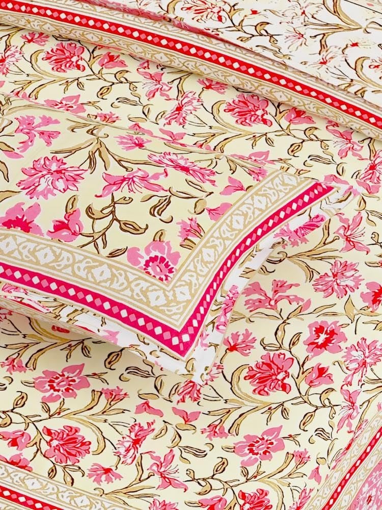 EasyGoods® Pure Cotton Ethnic Jaipuri Printed Double Bedsheet with 2 Pillow Covers | Soft & Breathable 240 TC Fabric | Traditional Rajasthani Design for Elegant Home Decor (Lemon & Magenta) - Image 4
