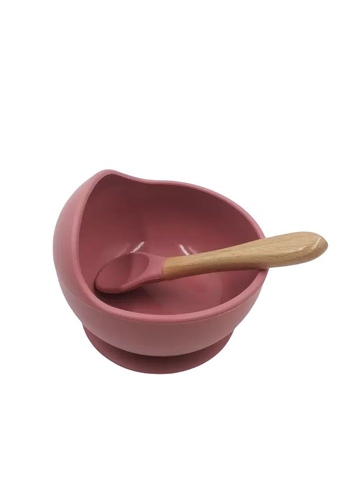 RAKAY Quality Silicone Baby Suction Bowl, Microwave Safe to 200°C, Freezer Safe to -20°C,With a Wooden-handled Spoo，Rose color