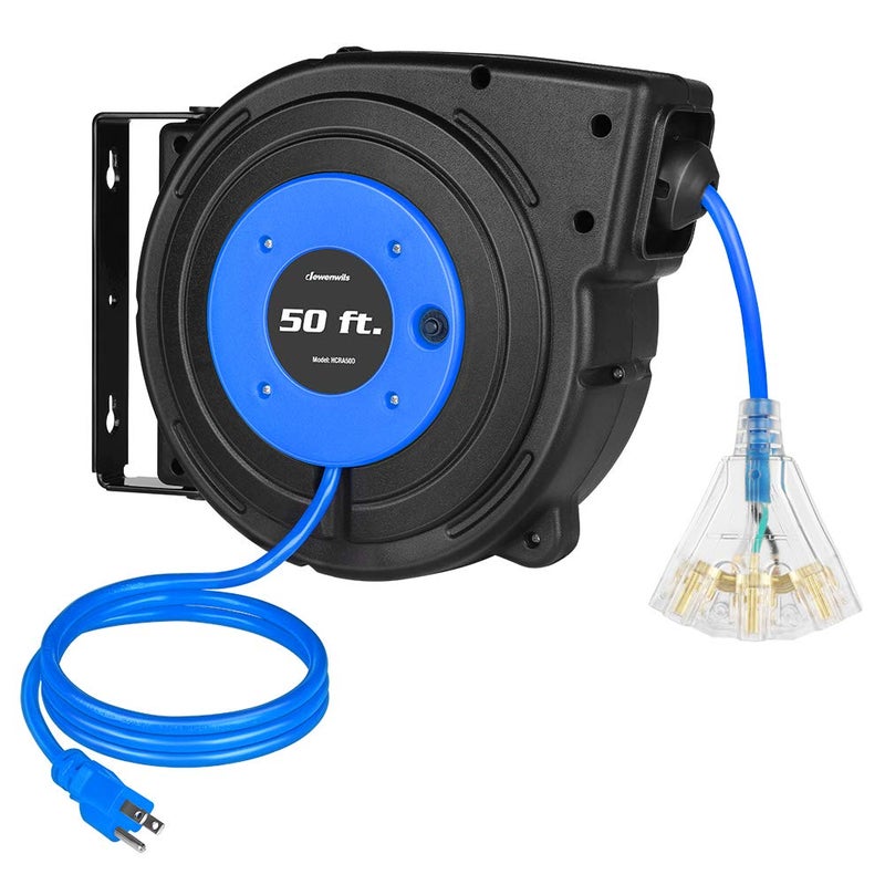 DEWENWILS Retractable Extension Cord Reel, 50 FT Heavy Duty Power Cord, 14AWG/3C SJTOW, 3 Grounded Outlets Lighted Triple Tap, 13 Amp Circuit Breaker, UL Listed,1 BOX - Image 1