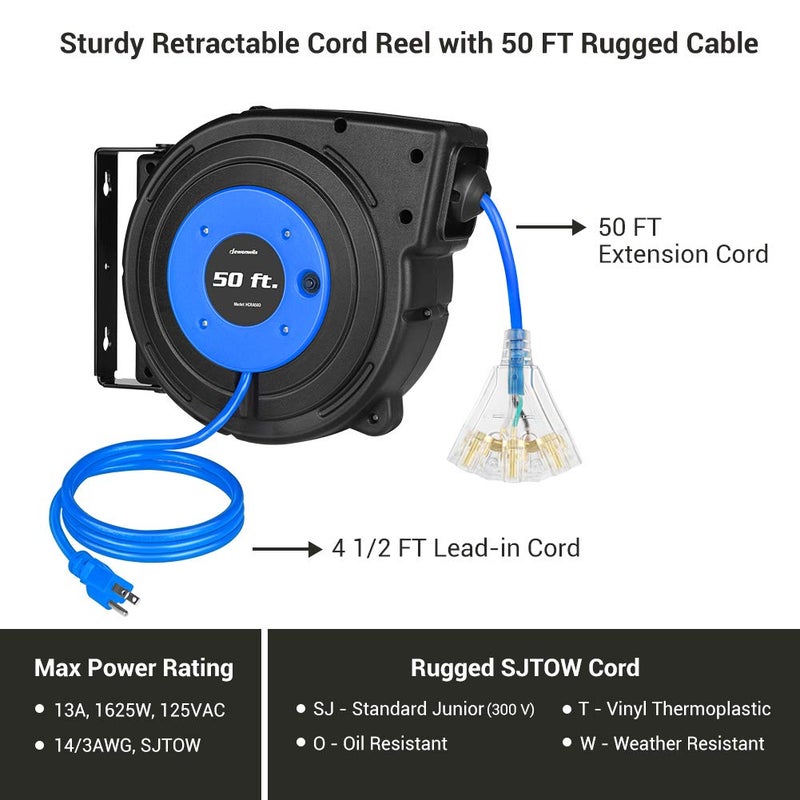 DEWENWILS Retractable Extension Cord Reel, 50 FT Heavy Duty Power Cord, 14AWG/3C SJTOW, 3 Grounded Outlets Lighted Triple Tap, 13 Amp Circuit Breaker, UL Listed,1 BOX - Image 4