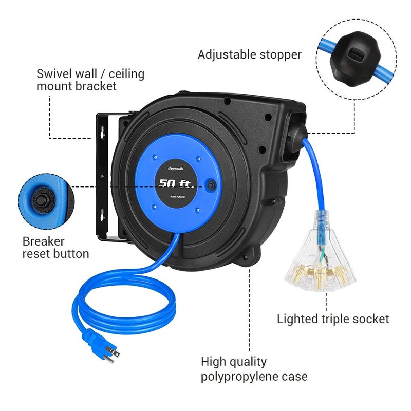 DEWENWILS Retractable Extension Cord Reel, 50 FT Heavy Duty Power Cord, 14AWG/3C SJTOW, 3 Grounded Outlets Lighted Triple Tap, 13 Amp Circuit Breaker, UL Listed,1 BOX - Image 5