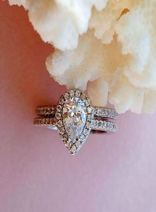 BeFab Classic Bridal Ring Set 0.75 Ct Pear Cut Teardrop Halo Ring Eternity Infinity Band Size 4-9 Half Sizes (Silver, 7) - Image 3