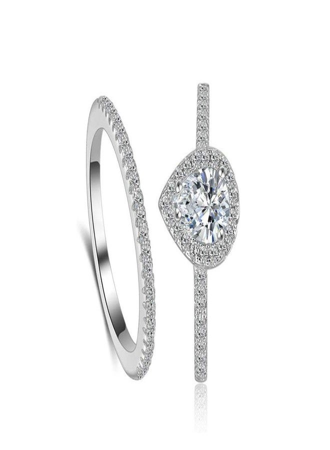 BeFab Classic Bridal Ring Set 0.75 Ct Pear Cut Teardrop Halo Ring Eternity Infinity Band Size 4-9 Half Sizes (Silver, 7) - Image 1