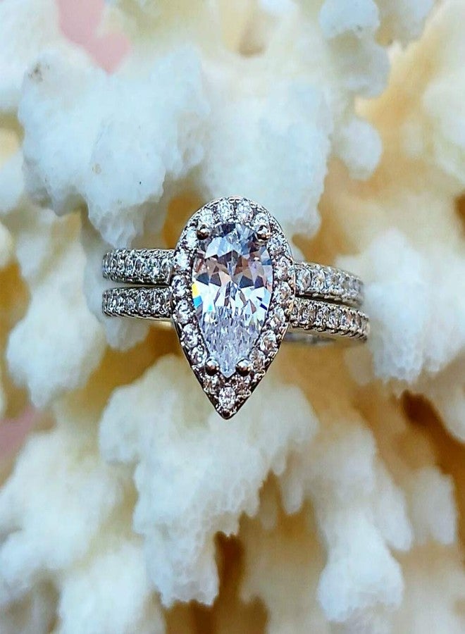 BeFab Classic Bridal Ring Set 0.75 Ct Pear Cut Teardrop Halo Ring Eternity Infinity Band Size 4-9 Half Sizes (Silver, 7) - Image 2