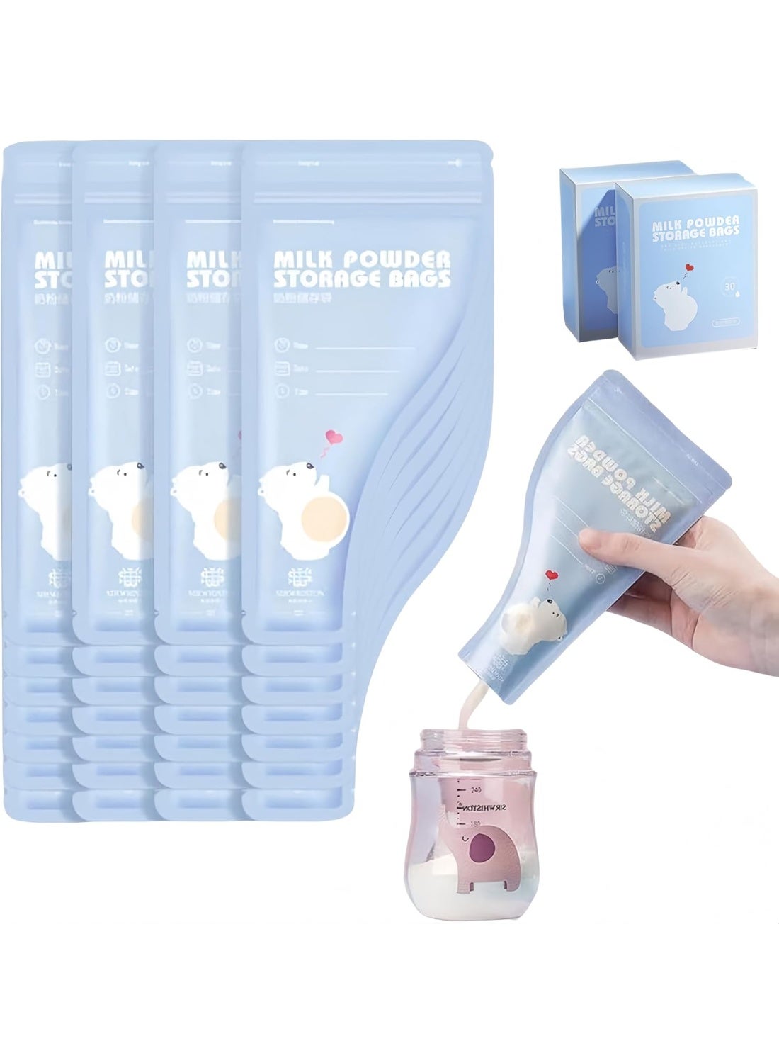 SKQIR 30 PCS Baby Food Storage Bags Milk Powder Dispenser Portable Disposable Infant Feeding Pouches Formula Container 300ml/50g BPA Free Capacity for Toddlers Care Parents (blue)