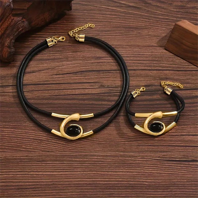 sunglnl Gold Jewelry Set, Bohemian Double-Layer Black Rope With Oval Black Acrylic Pendant Necklace And Bracelet Set Vintage Trendy Golden Necklaces Bracelets For Women Gift (Gold&Black) - Image 2