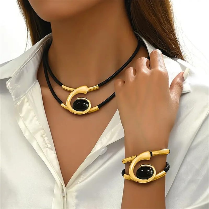 sunglnl Gold Jewelry Set, Bohemian Double-Layer Black Rope With Oval Black Acrylic Pendant Necklace And Bracelet Set Vintage Trendy Golden Necklaces Bracelets For Women Gift (Gold&Black) - Image 5