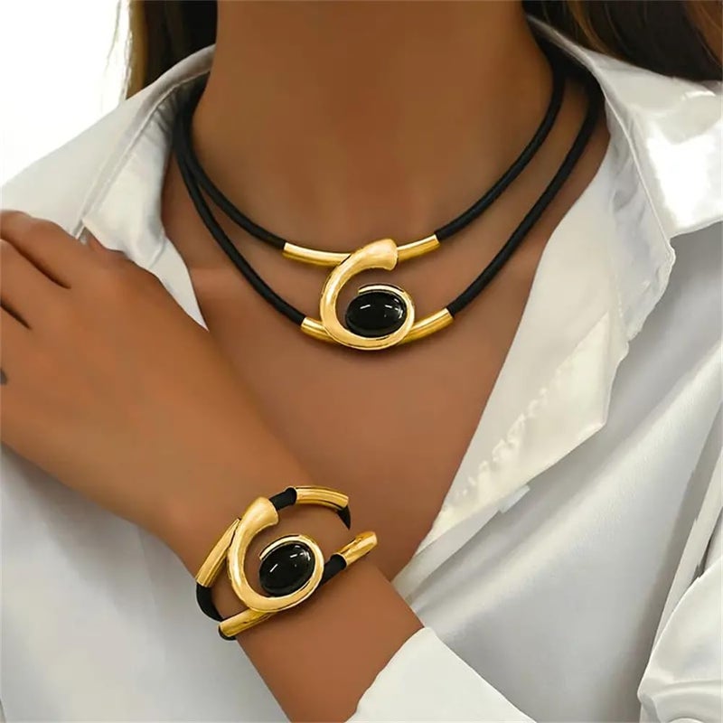 sunglnl Gold Jewelry Set, Bohemian Double-Layer Black Rope With Oval Black Acrylic Pendant Necklace And Bracelet Set Vintage Trendy Golden Necklaces Bracelets For Women Gift (Gold&Black) - Image 4