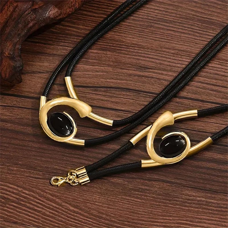 sunglnl Gold Jewelry Set, Bohemian Double-Layer Black Rope With Oval Black Acrylic Pendant Necklace And Bracelet Set Vintage Trendy Golden Necklaces Bracelets For Women Gift (Gold&Black) - Image 3