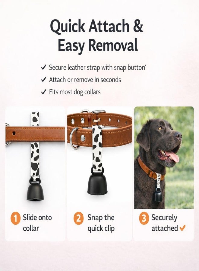 kcrygogo Trendy Dalmatian Print Design Dog Bells 2 Pack - Runway Chic Black & White Style with Leather Strap & ID Tags, Clear Loud Bell Sound, Easy Snap-On, Fashion Accessory for Medium Large Dogs - Image 5