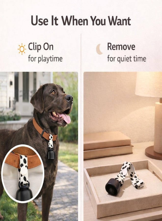 kcrygogo Trendy Dalmatian Print Design Dog Bells 2 Pack - Runway Chic Black & White Style with Leather Strap & ID Tags, Clear Loud Bell Sound, Easy Snap-On, Fashion Accessory for Medium Large Dogs - Image 2