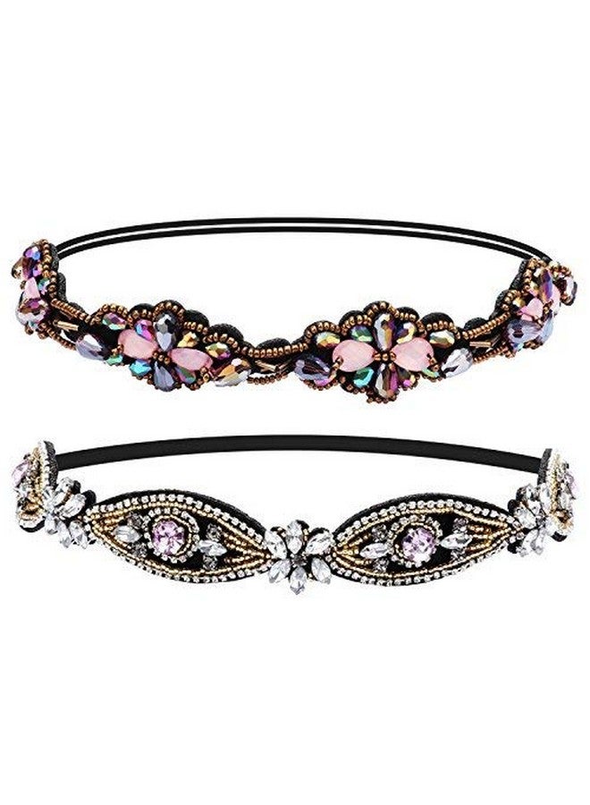 Amariver 2 Pieces Rhinestone Beaded Elastic Headband，Fashion Headbands Handmade Hair Bands Hair Accessories For Lady Woman 2025" Fits For Most - Image 1