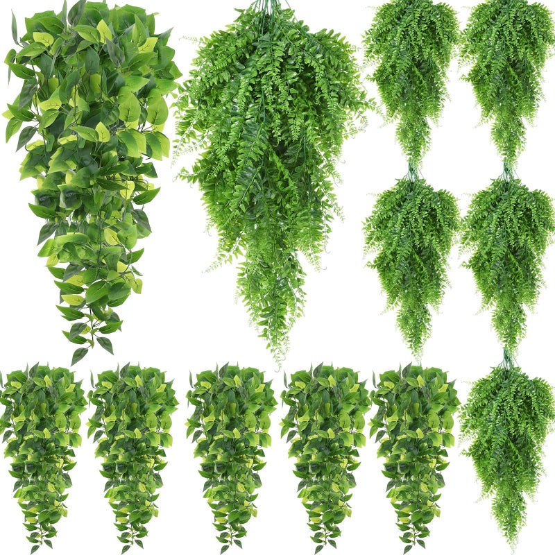 Hoteam 12 Pcs Artificial Hanging Plants 32 Inch Fake Ivy Vines with Fake Leaves Patio Artificial Plants Greenery for Living Room Indoor Outdoor Wall, No Basket (Pothos,Persian Grass) - Image 1