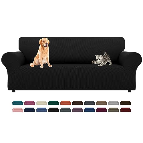 LURKA Stretch Sofa Slipcovers Couch Covers for 3 Cushion Couch Sofa Pet Friendly Non Slip Sofa Cover Washable Furniture Protector with Elastic Bottom (Large, Black) - Image 1